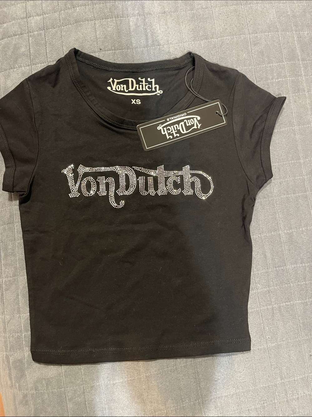 Von Dutch Black Rhinestone Logo Short Sleeve Tee